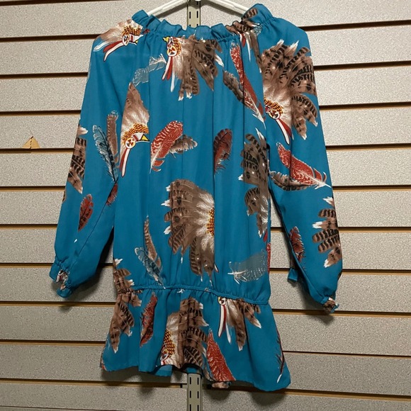 Cowgirl Legend Off The Shoulder Turquoise Feather Print Peasant Blouse Top M - Picture 7 of 7